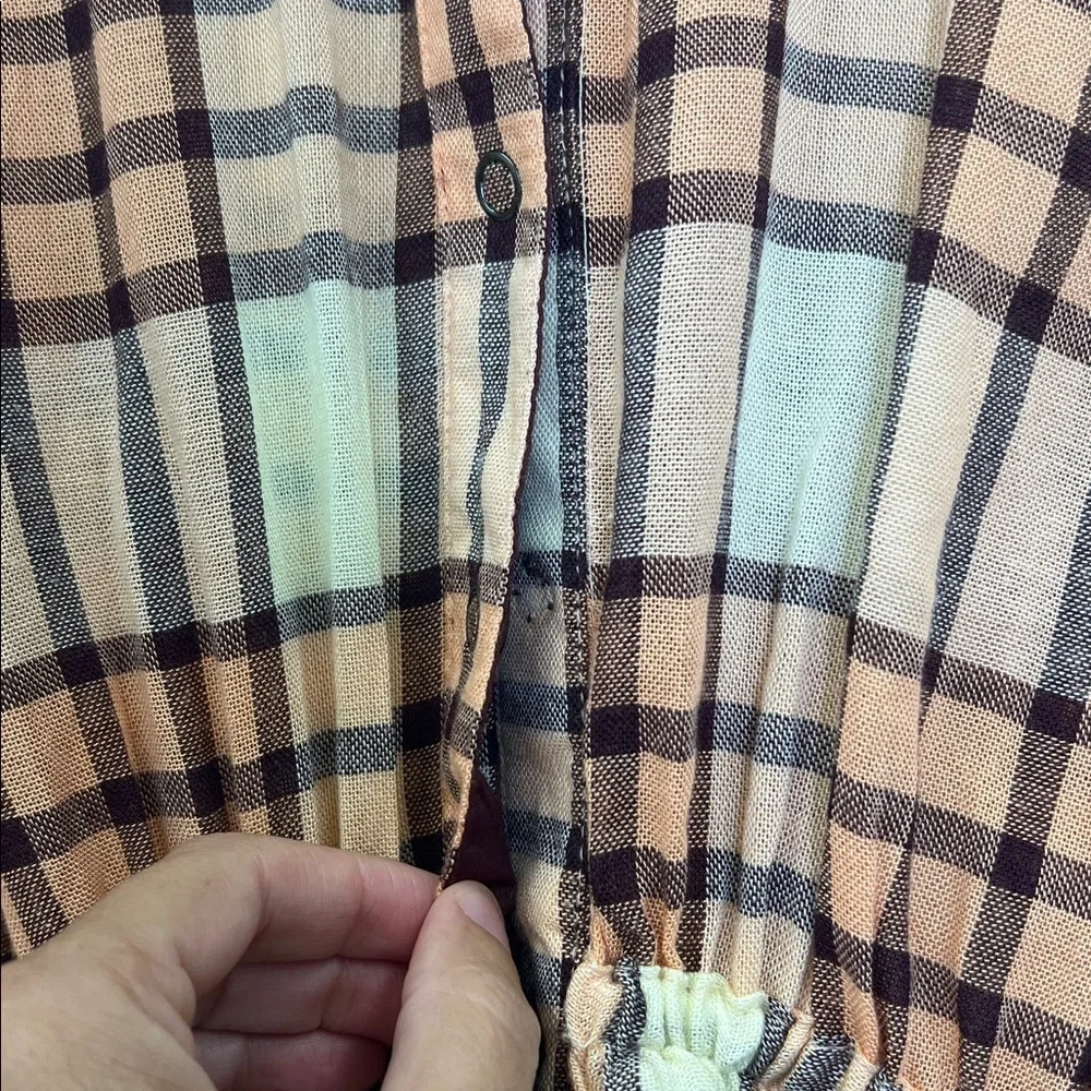 Free People - Pacific Dawn Peach And Cream Plaid Cinched Back Blouse Size Small
